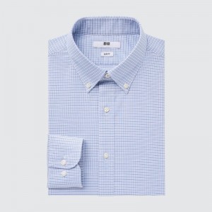 Men Uniqlo Easy Care Checked Stretch Slim-fit Long-sleeve Shirts Blue | 2636171