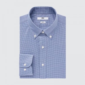 Men Uniqlo Easy Care Checked Stretch Slim-fit Long-sleeve Shirts Blue | 9599259
