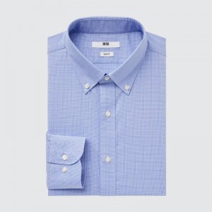 Men Uniqlo Easy Care Checked Stretch Slim-fit Long-sleeve Shirts Blue | 8457235