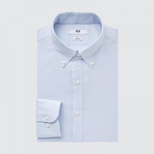 Men Uniqlo Easy Care Checked Stretch Slim-fit Long-sleeve Shirts Blue | 9856506