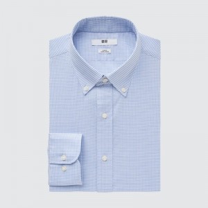 Men Uniqlo Easy Care Checked Stretch Slim-fit Long-sleeve Shirts Blue | 8110320