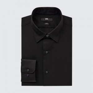 Men Uniqlo Easy Care Stretch Slim Fit Long-sleeve Shirts Black | 9556260