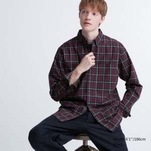 Men Uniqlo Extra Fine Cotton Broadcloth Checked Long-sleeve Shirts Burgundy | 9310063
