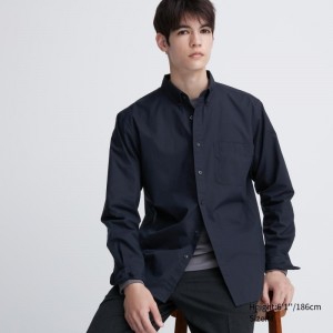 Men Uniqlo Extra Fine Cotton Broadcloth Long-sleeve Shirts Navy | 2057595
