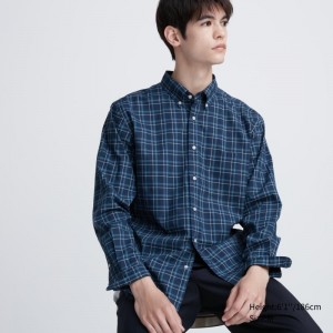 Men Uniqlo Extra Fine Cotton Broadcloth Checked Long-sleeve Shirts Navy | 2952488