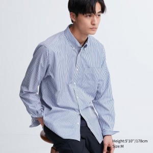 Men Uniqlo Extra Fine Cotton Broadcloth Striped Long-sleeve Shirts Blue | 1285493