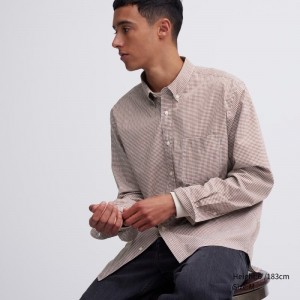 Men Uniqlo Extra Fine Cotton Broadcloth Checked Long-sleeve Shirts Brown | 9249760
