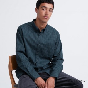 Men Uniqlo Extra Fine Cotton Broadcloth Checked Long-sleeve Shirts Green | 3685475