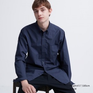 Men Uniqlo Extra Fine Cotton Broadcloth Dotted Long-sleeve Shirts Navy | 7578080