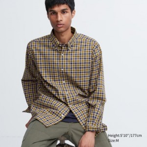 Men Uniqlo Extra Fine Cotton Broadcloth Checked Long-sleeve Shirts Yellow | 8133829