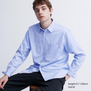Men Uniqlo Extra Fine Cotton Broadcloth Striped Long-sleeve Shirts Blue | 5781818