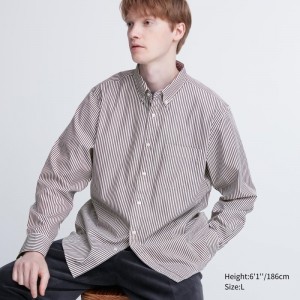 Men Uniqlo Extra Fine Cotton Broadcloth Striped Long-sleeve Shirts Brown | 2844733
