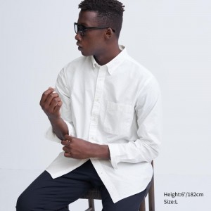 Men Uniqlo Extra Fine Cotton Broadcloth Dotted Long-sleeve Shirts White | 2588986
