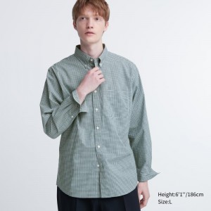Men Uniqlo Extra Fine Cotton Broadcloth Checked Long-sleeve Shirts Green | 8833584