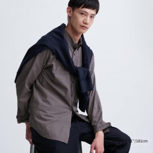 Men Uniqlo Extra Fine Cotton Broadcloth Checked Long-sleeve Shirts Brown | 5946019