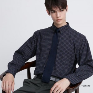 Men Uniqlo Extra Fine Cotton Broadcloth Checked Long-sleeve Shirts Navy | 3842453
