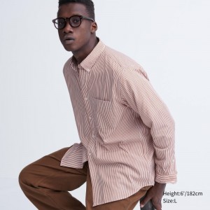 Men Uniqlo Extra Fine Cotton Broadcloth Striped Long-sleeve Shirts Orange | 1950235