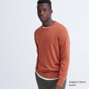 Men Uniqlo Extra Fine Merino Crew Neck Sweaters Orange | 4086202