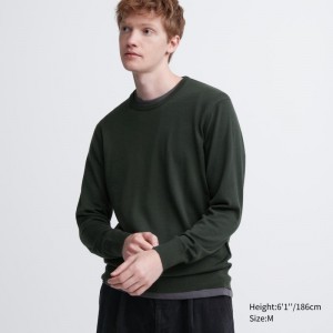 Men Uniqlo Extra Fine Merino Crew Neck Sweaters Olive | 8050527