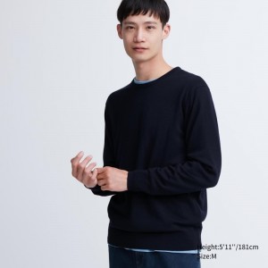 Men Uniqlo Extra Fine Merino Crew Neck Sweaters Navy | 4554493