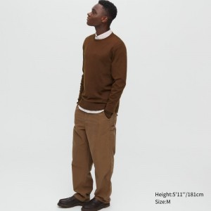 Men Uniqlo Extra Fine Merino Crew Neck Sweaters Brown | 2096954