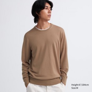 Men Uniqlo Extra Fine Merino Crew Neck Sweaters Beige | 9438542