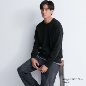 Men Uniqlo Extra Fine Merino Crew Neck Sweaters Black | 1106613