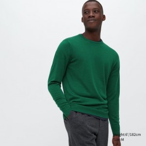 Men Uniqlo Extra Fine Merino Crew Neck Sweaters Green | 3303429