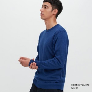 Men Uniqlo Extra Fine Merino Crew Neck Sweaters Blue | 9787659