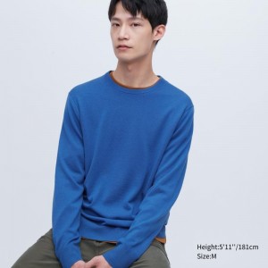 Men Uniqlo Extra Fine Merino Crew Neck Sweaters Blue | 5831123