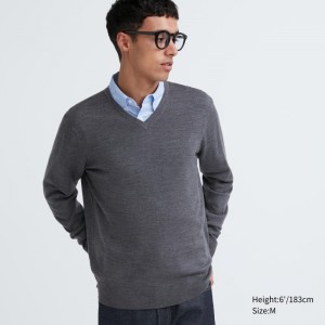 Men Uniqlo Extra Fine Merino V-neck Sweaters Grey | 7032237