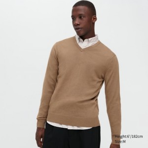 Men Uniqlo Extra Fine Merino V-neck Sweaters Beige | 1637263