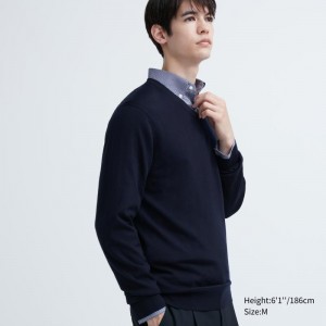 Men Uniqlo Extra Fine Merino V-neck Sweaters Navy | 9681354