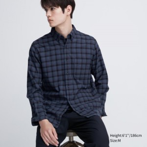 Men Uniqlo Flannel Checked Long Sleeve Shirts Blue | 5525932