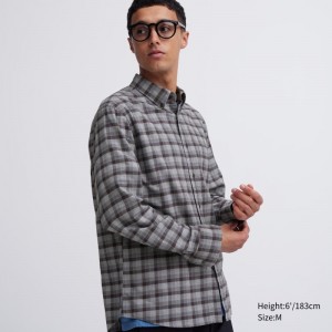 Men Uniqlo Flannel Checked Long Sleeve Shirts Grey | 1771247