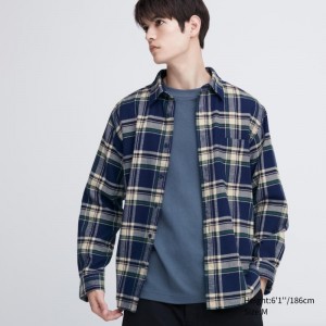 Men Uniqlo Flannel Checked Long-sleeve Shirts Blue | 6480048