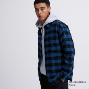 Men Uniqlo Flannel Checked Long-sleeve Shirts Blue | 6683939