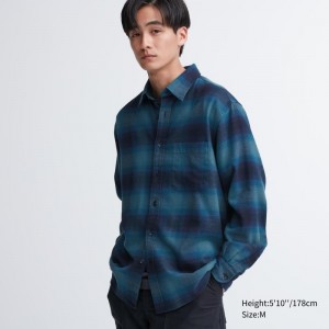 Men Uniqlo Flannel Checked Long-sleeve Shirts Blue | 578498