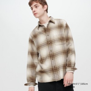 Men Uniqlo Flannel Checked Long-sleeve Shirts Beige | 3144814