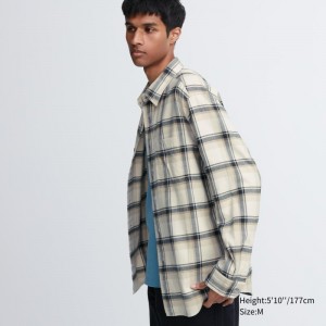 Men Uniqlo Flannel Checked Long-sleeve Shirts Beige | 6082488