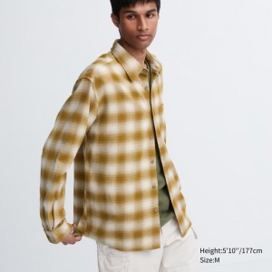 Men Uniqlo Flannel Checked Long-sleeve Shirts Yellow | 3521703