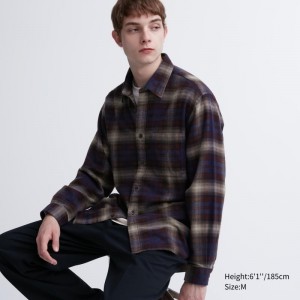 Men Uniqlo Flannel Checked Long-sleeve Shirts Burgundy | 6794436