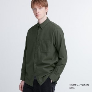 Men Uniqlo Flannel Long-Sleeve Shirts Olive | 9408917