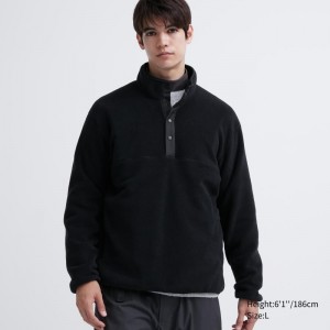 Men Uniqlo Fleece Button Up Long Sleeve Pullover Hoodie Black | 9539712