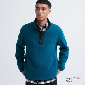Men Uniqlo Fleece Button Up Long Sleeve Pullover Hoodie Blue | 5036477
