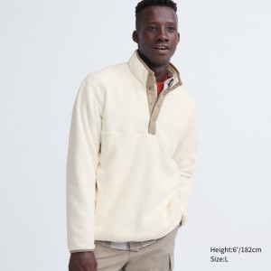 Men Uniqlo Fleece Button Up Long Sleeve Pullover Hoodie White | 9915845