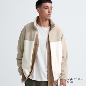 Men Uniqlo Fleece Long Sleeve Full-zip Jackets Beige | 6493006