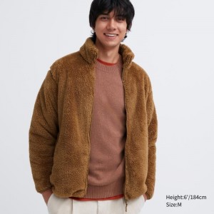 Men Uniqlo Fluffy Yarn Fleece Full-Zip Jackets Brown | 6982578