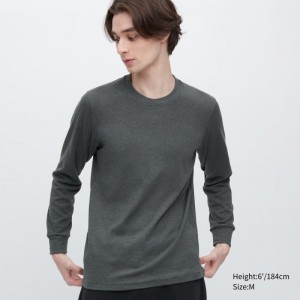 Men Uniqlo HEATTECH Ultra Warm Crew Neck Long-Sleeve T Shirts Grey | 9881483