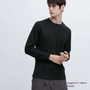 Men Uniqlo HEATTECH Ultra Warm Crew Neck Long-Sleeve T Shirts Black | 5883590